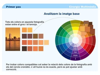 Cirurgia Multimèdia Primer pas Tots els colors en aquesta fotografia estan entre el groc i el taronja. Analitzem la imatge base Per trobar colors compatibles cal saber la relació dels colors de la fotografia amb els del cercle cromàtic. L’ull humà no és exacte, però es pot ajustar amb correcció. 