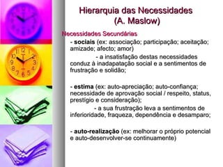 Hierarquia das Necessidades  (A. Maslow) Necessidades Secundárias -  sociais  (ex: associação; participação; aceitação; amizade; afecto; amor) - a insatisfação destas necessidades conduz à inadapatação social e a sentimentos de frustração e solidão; -  estima  (ex: auto-apreciação; auto-confiança; necessidade de aprovação social / respeito, status, prestígio e consideração); - a sua frustração leva a sentimentos de inferioridade, fraqueza, dependência e desamparo; -  auto-realização  (ex: melhorar o próprio potencial e auto-desenvolver-se continuamente) 