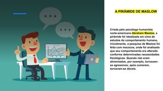 Criada pelo psicólogo humanista
norte-americano Abraham Maslow, a
pirâmide foi idealizada em cima de
estudos do comportamento humano,
inicialmente, a pesquisa de Maslow foi
feita com macacos, onde foi analisado
que seu comportamento era alterado
conforme determinadas necessidades
fisiológicas. Quando não eram
alimentados, por exemplo, tornavam-
se agressivos; após comerem,
tornavam-se dóceis.
A PIRÂMIDE DE MASLOW
 
