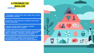 1. Fisiológicas: incluem fome, sede, abrigo, sexo e outras
necessidades corporais.
2. Segurança: inclui segurança e proteção contra danos
físicos e emocionais.
3. Sociais: Incluem afeição, aceitação, amizade e
sensação de pertencer a um grupo.
4. Estima: Inclui fatores internos de estima, como respeito
próprio, realização e autonomia; e fatores externos de
estima, como status, reconhecimento e atenção.
5. Auto-realização: a intenção de tornar-se tudo aquilo
que a pessoa é capaz de ser; inclui crescimento,
autodesenvolvimento e alcance do próprio potencial.
A PIRÂMIDE DE
MASLOW
 