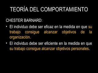 TEORÍA DEL COMPORTAMIENTO
CHESTER BARNARD:
• El individuo debe ser eficaz en la medida en que su
trabajo consigue alcanzar objetivos de la
organización.
• El individuo debe ser eficiente en la medida en que
su trabajo consigue alcanzar objetivos personales.
 