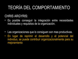 TEORÍA DEL COMPORTAMIENTO
CHRIS ARGYRIS:
• Es posible conseguir la integración entre necesidades
individuales y requisitos de la organización.
• Las organizaciones que lo consiguen son mas productivas.
• En lugar de reprimir el desarrollo y el potencial del
individuo, se puede contribuir organizacionalmente para su
mejoramiento
 