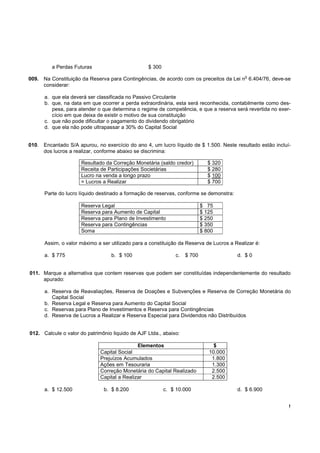 a Perdas Futuras                         $ 300
                                                                                           o
009. Na Constituição da Reserva para Contingências, de acordo com os preceitos da Lei n 6.404/76, deve-se
     considerar:

      a. que ela deverá ser classificada no Passivo Circulante
      b. que, na data em que ocorrer a perda extraordinária, esta será reconhecida, contabilmente como des-
         pesa, para atender o que determina o regime de competência, e que a reserva será revertida no exer-
         cício em que deixa de existir o motivo de sua constituição
      c. que não pode dificultar o pagamento do dividendo obrigatório
      d. que ela não pode ultrapassar a 30% do Capital Social


010. Encantado S/A apurou, no exercício do ano 4, um lucro líquido de $ 1.500. Neste resultado estão incluí-
     dos lucros a realizar, conforme abaixo se discrimina:

                     Resultado da Correção Monetária (saldo credor)          $ 320
                     Receita de Participações Societárias                    $ 280
                     Lucro na venda a longo prazo                            $ 100
                     = Lucros a Realizar                                     $ 700

      Parte do lucro líquido destinado a formação de reservas, conforme se demonstra:

                     Reserva Legal                                         $ 75
                     Reserva para Aumento de Capital                       $ 125
                     Reserva para Plano de Investimento                    $ 250
                     Reserva para Contingências                            $ 350
                     Soma                                                  $ 800

      Assim, o valor máximo a ser utilizado para a constituição da Reserva de Lucros a Realizar é:

      a. $ 775                    b. $ 100                    c.   $ 700                d. $ 0


011. Marque a alternativa que contem reservas que podem ser constituídas independentemente do resultado
     apurado:

      a. Reserva de Reavaliações, Reserva de Doações e Subvenções e Reserva de Correção Monetária do
         Capital Social
      b. Reserva Legal e Reserva para Aumento do Capital Social
      c. Reservas para Plano de Investimentos e Reserva para Contingências
      d. Reserva de Lucros a Realizar e Reserva Especial para Dividendos não Distribuídos


012. Calcule o valor do patrimônio liquido de AJF Ltda., abaixo:

                                              Elementos                         $
                              Capital Social                                  10.000
                              Prejuízos Acumulados                             1.800
                              Ações em Tesouraria                              1.300
                              Correção Monetária do Capital Realizado          2.500
                              Capital a Realizar                               2.500

      a. $ 12.500              b. $ 8.200                 c. $ 10.000                   d. $ 6.900


                                                                                                           !
 
