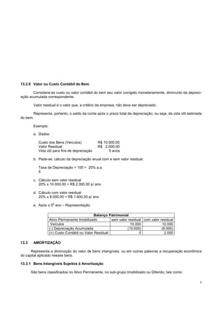 13.2.6 Valor ou Custo Contábil do Bem

       Considera-se custo ou valor contábil do bem seu valor corrigido monetariamente, diminuído da depreci-
ação acumulada correspondente.

        Valor residual é o valor que, a critério da empresa, não deve ser depreciado.

       Representa, portanto, o saldo da conta após o prazo total de depreciação, ou seja, da vida útil estimada
do bem.

        Exemplo:

        a. Dados:

           Custo dos Bens (Veículos)            R$ 10.000,00
           Valor Residual                       R$ 2.000,00
           Vida útil para fins de depreciação         5 anos

        b. Pede-se: cálculo da depreciação anual com e sem valor residual.

           Taxa de Depreciação = 100 = 20% a.a.
           5

        c. Cálculo sem valor residual
           20% x 10.000,00 = R$ 2.000,00 p/ ano

        d. Cálculo com valor residual
           20% x 8.000,00 = R$ 1.600,00 p/ ano
                     o
        e. Após o 5 ano – Representação

                                               Balanço Patrimonial
                   Ativo Permanente Imobilizado         sem valor residual com valor residual
                    Veículos                                       10.000             10.000
                   (-) Depreciação Acumulada                     (10.000)             (8.000)
                   (=) Custo Contábil ou Valor Residual                  0              2.000

13.3    AMORTIZAÇÃO

      Representa a diminuição do valor de bens intangíveis, ou em outras palavras a recuperação econômica
do capital aplicado nesses bens.

13.3.1 Bens Intangíveis Sujeitos à Amortização

       São bens classificados no Ativo Permanente, no sub-grupo Imobilizado ou Diferido, tais como:

                                                                                                              !
 