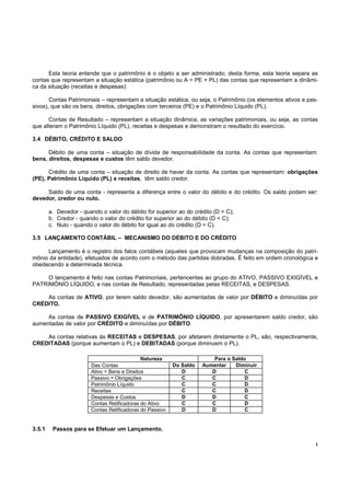 Esta teoria entende que o patrimônio é o objeto a ser administrado; desta forma, esta teoria separa as
contas que representam a situação estática (patrimônio ou A = PE + PL) das contas que representam a dinâmi-
ca da situação (receitas e despesas):

       Contas Patrimoniais – representam a situação estática, ou seja, o Patrimônio (os elementos ativos e pas-
sivos), que são os bens, direitos, obrigações com terceiros (PE) e o Patrimônio Líquido (PL).

      Contas de Resultado – representam a situação dinâmica, as variações patrimoniais, ou seja, as contas
que alteram o Patrimônio Líquido (PL), receitas e despesas e demonstram o resultado do exercício.

3.4 DÉBITO, CRÉDITO E SALDO

      Débito de uma conta – situação de dívida de responsabilidade da conta. As contas que representam:
bens, direitos, despesas e custos têm saldo devedor.

      Crédito de uma conta – situação de direito de haver da conta. As contas que representam: obrigações
(PE), Patrimônio Líquido (PL) e receitas, têm saldo credor.

     Saldo de uma conta - representa a diferença entre o valor do débito e do crédito. Os saldo podem ser:
devedor, credor ou nulo.

        a. Devedor - quando o valor do débito for superior ao do crédito (D > C);
        b. Credor - quando o valor do crédito for superior ao do débito (D < C);
        c. Nulo - quando o valor do débito for igual ao do crédito (D = C).

3.5 LANÇAMENTO CONTÁBIL – MECANISMO DO DÉBITO E DO CRÉDITO

     Lançamento é o registro dos fatos contábeis (aqueles que provocam mudanças na composição do patri-
mônio da entidade), efetuados de acordo com o método das partidas dobradas. É feito em ordem cronológica e
obedecendo a determinada técnica.

     O lançamento é feito nas contas Patrimoniais, pertencentes ao grupo do ATIVO, PASSIVO EXIGÍVEL e
PATRIMÔNIO LÍQUIDO, e nas contas de Resultado, representadas pelas RECEITAS, e DESPESAS.

    As contas de ATIVO, por terem saldo devedor, são aumentadas de valor por DÉBITO e diminuídas por
CRÉDITO.

     As contas de PASSIVO EXIGÍVEL e de PATRIMÔNIO LÍQUIDO, por apresentarem saldo credor, são
aumentadas de valor por CRÉDITO e diminuídas por DÉBITO.

    As contas relativas às RECEITAS e DESPESAS, por afetarem diretamente o PL, são, respectivamente,
CREDITADAS (porque aumentam o PL) e DEBITADAS (porque diminuem o PL).

                                              Natureza                   Para o Saldo
                        Das Contas                        Do Saldo   Aumentar    Diminuir
                        Ativo = Bens e Direitos              D          D            C
                        Passivo = Obrigações                 C          C            D
                        Patrimônio Líquido                   C          C            D
                        Receitas                             C          C            D
                        Despesas e Custos                    D          D            C
                        Contas Retificadoras do Ativo        C          C            D
                        Contas Retificadoras do Passivo      D          D            C


3.5.1    Passos para se Efetuar um Lançamento.

                                                                                                              !
 