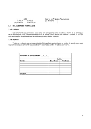 ARE                          Lucros ou Prejuízos Acumulados
           15.000,00      10.000,00                 (2) 5.000,00
        (S) 5.000,00       5.000,00 (2)

3.9   BALANCETE DE VERIFICAÇÃO

3.9.1 Conceito

      É o demonstrativo que relaciona cada conta com o respectivo saldo devedor ou credor, de tal forma que
se os lançamentos foram corretamente efetuados, de acordo com o Método das Partidas Dobradas, o total da
coluna dos saldos devedores é igual ao total da coluna dos saldos credores.

3.9.2 Objetivo

      Testar se o método das partidas dobradas foi respeitado, evidenciando as contas de acordo com seus
respectivos saldos e verificando a igualdade entre a soma dos saldos devedores e credores.




                 Balancete de Verificação em ___/___/___

                                                                    Saldos
                 Contas                                     Devedores      Credores




                 TOTAIS




                                                                                                          !
 