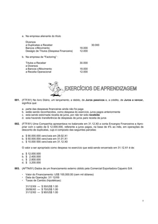 a. Na empresa alienante do título

           Diversos
           a Duplicatas a Receber                                30.000
           Bancos c/Movimento                          18.000
           Deságio de Títulos (Despesa Financeira)     12.000

      b. Na empresa de "Factoring” ·

           Títulos a Receber                           30.000
           a Diversos
           a Bancos c/Movimento                        18.000
           a Receita Operacional                       12.000




001. (FTF/81) No livro Diário, um lançamento, a debito, de Juros passivos e, a crédito, de Juros a vencer,
     significa que:

      a.   parte das despesas financeiras ainda não foi paga
      b.   estão sendo reconhecidos, como despesa do exercício, juros pagos anteriormente
      c.   esta sendo estornada receita de juros, por não ter sido recebida
      d.   esta havendo transferência de despesas de juros pare receita de juros

002. (FTF/81) Uma Companhia apresentava no balancete em 31.12.X0 a conta Encargos Financeiros a Apro-
     priar com o saldo de $ 12.000.000, referente a juros pagos, na base de 4% ao mês, em operações de
     desconto de duplicatas, cujo é composto das seguintes parcelas:

      a. $ 90.000.000 vencíveis em 28.02.X1
      b. $ 50.000.000 vencíveis em 31.01.X1
      c. $ 10.000 000 vencíveis em 31.12.X0

      O valor a ser apropriado como despesa no exercício que está sendo encerrado em 31.12.X1 é de:

      a.   $ 12.000.000
      b.   $ 2.400.000
      c.   $ 2.800.000
      d.   $ 3.200.000

003. (AFTN/91) Dados de um financiamento externo obtido pela Comercial Exportadora Cajueiro S/A

           Valor do Financiamento: US$ 100,000.00 (cem mil dólares)
           Data da Operação: 31/ 12/X9
           Taxas de Cambio (hipotéticas):

           31/12/X9 — $ 50/US$ 1.00
           30/06/X0 — $ 70/US$ 1.00
           31/12/X0 — $ 90/US$ 1.00


                                                                                                         !
 