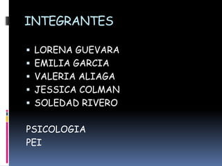 INTEGRANTES

 LORENA GUEVARA
 EMILIA GARCIA
 VALERIA ALIAGA
 JESSICA COLMAN
 SOLEDAD RIVERO


PSICOLOGIA
PEI
 