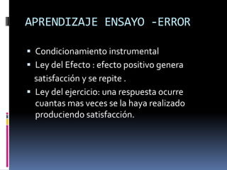 APRENDIZAJE ENSAYO -ERROR

 Condicionamiento instrumental
 Ley del Efecto : efecto positivo genera
  satisfacción y se repite .
 Ley del ejercicio: una respuesta ocurre
  cuantas mas veces se la haya realizado
  produciendo satisfacción.
 