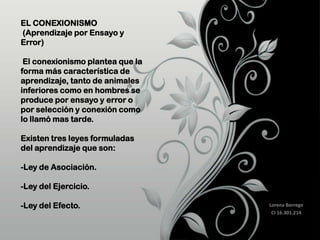 EL CONEXIONISMO
(Aprendizaje por Ensayo y
Error)
El conexionismo plantea que la
forma más característica de
aprendizaje, tanto de animales
inferiores como en hombres se
produce por ensayo y error o
por selección y conexión como
lo llamó mas tarde.
Existen tres leyes formuladas
del aprendizaje que son:
-Ley de Asociación.
-Ley del Ejercicio.
-Ley del Efecto.

Lorena Borrego
CI 16.301.214

 
