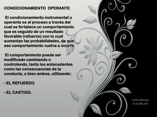 CONDICIONAMIENTO OPERANTE
El condicionamiento instrumental u
operante es el proceso a través del
cual se fortalece un comportamiento
que es seguido de un resultado
favorable (refuerzo) con lo cual
aumentan las probabilidades, de que
ese comportamiento vuelva a ocurrir.

El comportamiento puede ser
modificado cambiando o
controlando, tanto los antecedentes
como las consecuencias de la
conducta, o bien ambos, utilizando:
- EL REFUERZO.
- EL CASTIGO.
Lorena Borrego
CI 16.301.214

 