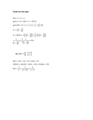 Corte con los ejes
f(s) = 1 + t = l
para t = 0 → f(t) = 1 → (0;1)
para f(t) = 0 → t = 1 +
1
2
=
3
2
→ (
3
2
; 0)
ℒ = r (t −
1
2
)
ℒ = {f(t)} = ℒ {r (t −
1
2
)} +
3
2
ℒ {u (t −
1
2
)}
1
(s −
1
2
)
2
+
3
2
1
(s −
1
2
)
= f(s)
b) 𝒇( 𝐭) = {
𝐭 , 𝐭 ≤ 𝟐
𝟐 , 𝐭 > 2
f(t) = r(t) − r(t − 2) + 2u(t − 2)
ℒ{f(t)} = ℒ{r(t)} − ℒ{r(t − 2)} + 2ℒ{u(t − 2)}
f(s) =
1
s2
−
1
(s − 2)2
+
2
s − 2
 