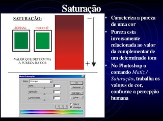 Saturação
            • Caracteriza a pureza
              de uma cor
            • Pureza esta
              inversamente
              relacionada ao valor
              da complementar de
              um determinado tom
            • No Photoshop o
              comando Matiz /
              Saturação, trabalha os
              valores de cor,
              conforme a percepção
              humana
 