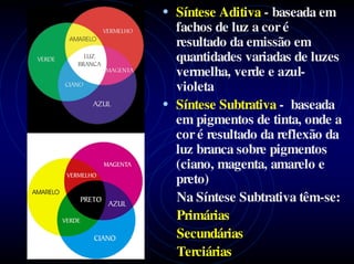 • Síntese Aditiva - baseada em
  fachos de luz a cor é
  resultado da emissão em
  quantidades variadas de luzes
  vermelha, verde e azul-
  violeta
• Síntese Subtrativa - baseada
  em pigmentos de tinta, onde a
  cor é resultado da reflexão da
  luz branca sobre pigmentos
  (ciano, magenta, amarelo e
  preto)
  Na Síntese Subtrativa têm-se:
  Primárias
  Secundárias
  Terciárias
 