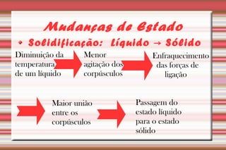 Mudanças de Estado 
Solidificação: Líquido → Sólido 
Diminuição da 
temperatura 
de um líquido 
Menor 
agitação dos 
corpúsculos 
Enfraquecimento 
das forças de 
ligação 
Maior união 
entre os 
corpúsculos 
Passagem do 
estado líquido 
para o estado 
sólido 
 