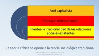 La teoría crítica se opone a la teoría sociológica tradicional
Anti capitalista
Critica el orden racional
Plantea la irracionalidad de las relaciones
sociales existentes
Judith Elizabeth Pinos epinos2002@yahoo.es Material de
clase, mirar la bibliografía usada en la última hoja.
 