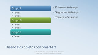Diseño Dos objetos con SmartArt
Grupo A
• Tarea 1
• Tarea 2
Grupo B
• Tarea 1
• Tarea 2
Grupo C
• Tarea 1
• Primera viñeta aquí
• Segunda viñeta aquí
• Tercera viñeta aquí
Judith Elizabeth Pinos epinos2002@yahoo.es Material de
clase, mirar la bibliografía usada en la última hoja.
 