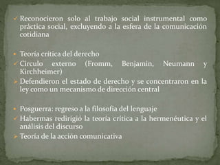  Reconocieron solo al trabajo social instrumental como
práctica social, excluyendo a la esfera de la comunicación
cotidiana
 Teoría crítica del derecho
 Circulo externo (Fromm, Benjamin, Neumann y
Kirchheimer)
 Defendieron el estado de derecho y se concentraron en la
ley como un mecanismo de dirección central
 Posguerra: regreso a la filosofía del lenguaje
 Habermas redirigió la teoría crítica a la hermenéutica y el
análisis del discurso
 Teoría de la acción comunicativa
 