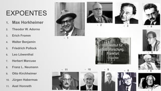 EXPOENTES
1. Max Horkheimer
2. Theodor W. Adorno
3. Erich Fromm
4. Walter Benjamin
5. Friedrich Pollock
6. Leo Löwenthal
7. Herbert Marcuse
8. Franz L. Neumann
9. Otto Kirchheimer
10. Jürgen Habermas
11. Axel Honneth
• 1
• 2 • 3 • 4
• 5
• 6
• 7
• 8• 9• 10• 11
 
