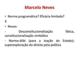 Marcelo Neves
• Norma programática? Eficácia limitada?
X
• Neves:
- Desconstitucionalização fática,
constitucionalização simbólica
- Norma-álibi (para a inação do Estado):
superexploração do direito pela política
 