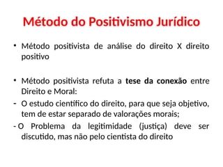 Método do Positivismo Jurídico
• Método positivista de análise do direito X direito
positivo
• Método positivista refuta a tese da conexão entre
Direito e Moral:
- O estudo científico do direito, para que seja objetivo,
tem de estar separado de valorações morais;
- O Problema da legitimidade (justiça) deve ser
discutido, mas não pelo cientista do direito
 