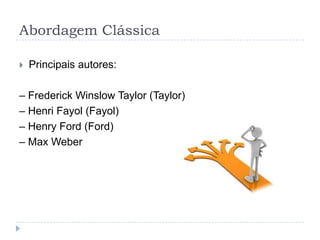 Abordagem Clássica

   Principais autores:

– Frederick Winslow Taylor (Taylor)
– Henri Fayol (Fayol)
– Henry Ford (Ford)
– Max Weber
 