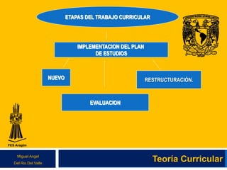 Teoría CurricularMiguel Angel
Del Rio Del Valle
ETAPAS DEL TRABAJO CURRICULAR
RESTRUCTURACIÓN.NUEVO
IMPLEMENTACION DEL PLAN
DE ESTUDIOS
EVALUACION
 