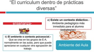 Actividades de
enseñanza-
aprendizaje
a) Existe un contexto didáctico.-
Ambiente pedagógico más
inmediato para el alumno
(estrategias).
“El curriculum dentro de prácticas
diversas”
b) El ambiente o contexto psicosocial.-
Que se crea en los grupos de E-A,
normalmente en las aulas, pero que puede
apreciarse en cualquier otra agrupación de
trabajo.
Ambiente del Aula
 
