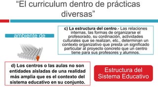 Organización y
ambiente de
centro
c) La estructura del centro.- Las relaciones
internas, las formas de organizarse el
profesorado, su cordinación, actividades
culturales que se realizan, etc., determinan un
contexto organizativo que presta un significado
particular al proyecto concreto que un centro
tiene para sus profesores y alumnos.
“El curriculum dentro de prácticas
diversas”
d) Los centros o las aulas no son
entidades aisladas de una realidad
más amplia que es el contexto del
sistema educativo en su conjunto.
Estructura del
Sistema Educativo
 
