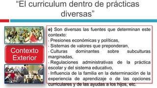 Contexto
Exterior
“El curriculum dentro de prácticas
diversas”
e) Son diversas las fuentes que determinan este
contexto:
• Presiones económicas y políticas,
• Sistemas de valores que preponderan,
• Culturas dominantes sobre subculturas
marginadas,
• Regulaciones administrativas de la práctica
escolar y del sistema educativo,
• Influencia de la familia en la determinación de la
experiencia de aprendizaje o de las opciones
curriculares y de las ayudas a los hijos, etc.
 