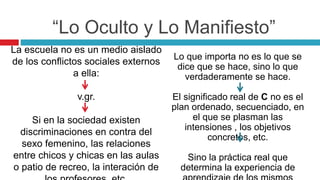 La escuela no es un medio aislado
de los conflictos sociales externos
a ella:
v.gr.
Si en la sociedad existen
discriminaciones en contra del
sexo femenino, las relaciones
entre chicos y chicas en las aulas
o patio de recreo, la interación de
Lo que importa no es lo que se
dice que se hace, sino lo que
verdaderamente se hace.
El significado real de C no es el
plan ordenado, secuenciado, en
el que se plasman las
intensiones , los objetivos
concretos, etc.
Sino la práctica real que
determina la experiencia de
“Lo Oculto y Lo Manifiesto”
 