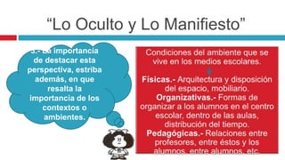 “Lo Oculto y Lo Manifiesto”
3.- La importancia
de destacar esta
perspectiva, estriba
además, en que
resalta la
importancia de los
contextos o
ambientes.
 