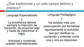 Lenguaje Especializado
La enseñanza denota
siempre la intención de
transmitir, de proponer algo
y hasta de indoctrinar a
otros.
Actividad y contenido
quedan interrelacionado.
Lenguaje Pedagógico
Ha existido más una
preocupación por formalizar
rigurosamente la actividad
que por clarificar su
contenido y entender como
una y otra se relacionan
¿Dos tradiciones y un solo campo teórico y
práctico?
 