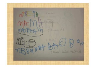 MÉS ENDAVANT, EN AQUEST MATEIX NIVELL ,
ELS NENS DESCOBREIXEN QUE          PARAULES
DIFERENTS, S’ESCRIUEN DE DIFERENT MANERA,
I PER TANT MOLTS NENS UTILITZEN LES
LLETRES DEL SEU PROPI NOM ( QUE SÓN LES MÉS
PROPERES) PER ESCRIURE COSES DIFERENTS, TOT
CANVIANT D’ORDRE LES LLETRES.
 