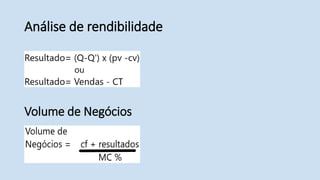 Análise de rendibilidade
Volume de Negócios
 