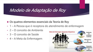Modelo de Adaptação de Roy
 Os quatros elementos essenciais da Teoria de Roy
• 1 – A Pessoa que é receptora do atendimento de enfermagem
• 2 – O conceito de Ambiente
• 3 – O conceito de Saúde
• 4 – A Meta da Enfermagem
 