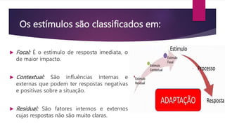 Os estímulos são classificados em:
 Focal: É o estímulo de resposta imediata, o
de maior impacto.
 Contextual: São influências internas e
externas que podem ter respostas negativas
e positivas sobre a situação.
 Residual: São fatores internos e externos
cujas respostas não são muito claras.
 