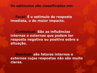 Os estímulos são classificados em: 
Focal: É o estímulo de resposta 
imediata, o de maior impacto. 
Contextual: São as influências 
internas e externas que podem ter 
resposta negativa ou positiva sobre a 
situação. 
Residual: são fatores internos e 
externos cujas respostas não são muito 
claras. 
 
