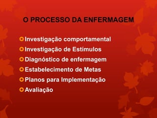 O PROCESSO DA ENFERMAGEM 
Investigação comportamental 
Investigação de Estímulos 
Diagnóstico de enfermagem 
Estabelecimento de Metas 
Planos para Implementação 
Avaliação 
 