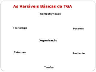Organização
Competitividade
Tarefas
Estrutura Ambiente
Tecnologia Pessoas
As Variáveis Básicas da TGA
 