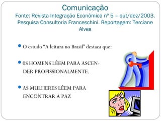 Comunicação
Fonte: Revista Integração Econômica nº 5 – out/dez/2003.
Pesquisa Consultoria Franceschini. Reportagem: Terciane
Alves
O estudo “A leitura no Brasil” destaca que:
0S HOMENS LÊEM PARA ASCEN-
DER PROFISSIONALMENTE.
AS MULHERES LÊEM PARA
ENCONTRAR A PAZ
 