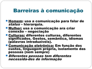 Barreiras à comunicação
Homem: usa a comunicação para falar de
status – hierarquia.
Mulher: usa a comunicação ara criar
conexão – negociação
Culturas: diferentes culturas, diferentes
significados. Gestos, semântica, idiomas
(palavras intraduzíveis).
Comunicação eletrônica: Em função dos
custos, linguagem própria, isolamento das
pessoas (nem sempre)
Diferentes pessoas tem diferentes
necessida-des de informação
 
