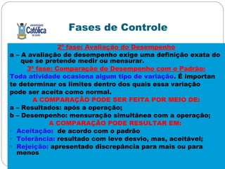 Fases de Controle
2ª fase: Avaliação do Desempenho
a – A avaliação de desempenho exige uma definição exata do
que se pretende medir ou mensurar.
3ª fase: Comparação do Desempenho com o Padrão:
Toda atividade ocasiona algum tipo de variação. É importan
te determinar os limites dentro dos quais essa variação
pode ser aceita como normal.
A COMPARAÇÃO PODE SER FEITA POR MEIO DE:
a – Resultados: após a operação;
b – Desempenho: mensuração simultânea com a operação;
A COMPARAÇÃO PODE RESULTAR EM:
• Aceitação: de acordo com o padrão
• Tolerância: resultado com leve desvio, mas, aceitável;
• Rejeição: apresentado discrepância para mais ou para
menos
 