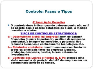 Controle: Fases e Tipos
4ª fase: Ação Corretiva
 O controle deve indicar quando o desempenho não está
de acordo com o padrão estabelecido e qual a medida
corretiva a adotar.
TIPOS DE CONTROLES ESTRATÉGICOS:
a – Desempenho global da empresa: além do caráter
financeiro (o mais importante), avalia o desempenho
ambiental, a imagem no mercado, o potencial dos
recursos humanos,o conhecimento tecnológico etc.
b – Relatórios contábeis: constituem uma conclusão de
todos os principais fatos da empresa (vendas,
produção, despesas, custos, lucros, retorno do
investimento
c – Controle dos Lucros e Perdas (L & P): oferece uma
visão resumida da posição de L&P da empresa em um
determinado período de tempo.
 