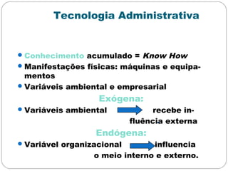 Tecnologia Administrativa
Conhecimento acumulado = Know How
Manifestações físicas: máquinas e equipa-
mentos
Variáveis ambiental e empresarial
Exógena:
Variáveis ambiental recebe in-
fluência externa
Endógena:
Variável organizacional influencia
o meio interno e externo.
 