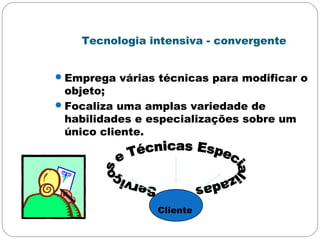 Tecnologia intensiva - convergente
Emprega várias técnicas para modificar o
objeto;
Focaliza uma amplas variedade de
habilidades e especializações sobre um
único cliente.
Cliente
 