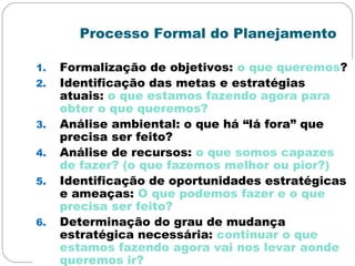 Processo Formal do Planejamento
1. Formalização de objetivos: o que queremos?
2. Identificação das metas e estratégias
atuais: o que estamos fazendo agora para
obter o que queremos?
3. Análise ambiental: o que há “lá fora” que
precisa ser feito?
4. Análise de recursos: o que somos capazes
de fazer? (o que fazemos melhor ou pior?)
5. Identificação de oportunidades estratégicas
e ameaças: O que podemos fazer e o que
precisa ser feito?
6. Determinação do grau de mudança
estratégica necessária: continuar o que
estamos fazendo agora vai nos levar aonde
queremos ir?
 