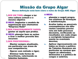 Missão da Grupo Algar
Nessa definição está bem claro o rumo do Grupo ABC Algar
1.SER UM TIME: chegar a ter
uma cultura comum e o
mesmo objetivo
O MEIO: Implantar o modelo de
organização que chamamos
“Empresa Rede”
2.SER FINACEIRAMENTE SADIO:
gastar só aquilo que produz.
O MEIO: planejar bem as ações
e tirar o melhor proveito dos
recursos
3.SER PROFISSIONAL:
- Manter sempre atualizado,
em particular nas áreas de
sua competência;
- Operar com método e rigor;
- Eliminar toda forma de
favoritismo, valorizando os
talentos humanos.
O MEIO:
a. planejar e seguir progra-
ma contínuo de formação
e autoformação;
b. Avaliar todas as possíveis
conseqüências nos dife-
rentes cenários previsí-
veis em todo processo
decisório, verificando os
resultados em cada etapa
e corrigindo tempestiva-
mente os eventuais
desvios;
c. Aplicar rigorosamente em
todos os níveis a política
de Talentos Humanos em
particular as normas que
regem as admissões,
demissões e a política de
cargos e salários;
 