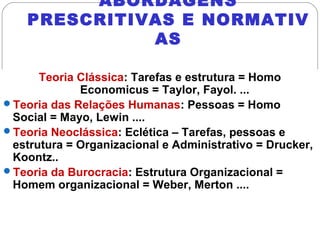 ABORDAGENS
PRESCRITIVAS E NORMATIV
AS
Teoria Clássica: Tarefas e estrutura = Homo
Economicus = Taylor, Fayol. ...
Teoria das Relações Humanas: Pessoas = Homo
Social = Mayo, Lewin ....
Teoria Neoclássica: Eclética – Tarefas, pessoas e
estrutura = Organizacional e Administrativo = Drucker,
Koontz..
Teoria da Burocracia: Estrutura Organizacional =
Homem organizacional = Weber, Merton ....
 
