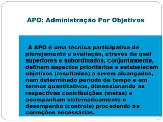 APO: Administração Por Objetivos
A APO é uma técnica participativa de
planejamento e avaliação, através da qual
superiores e subordinados, conjuntamente,
definem aspectos prioritários e estabelecem
objetivos (resultados) a serem alcançados,
num determinado período de tempo e em
termos quantitativos, dimensionando as
respectivas contribuições (metas) e
acompanham sistematicamente o
desempenho (controle) procedendo às
correções necessárias.
 